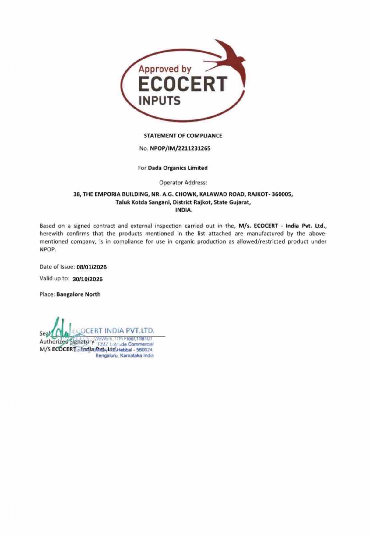 Ecocert Certificate